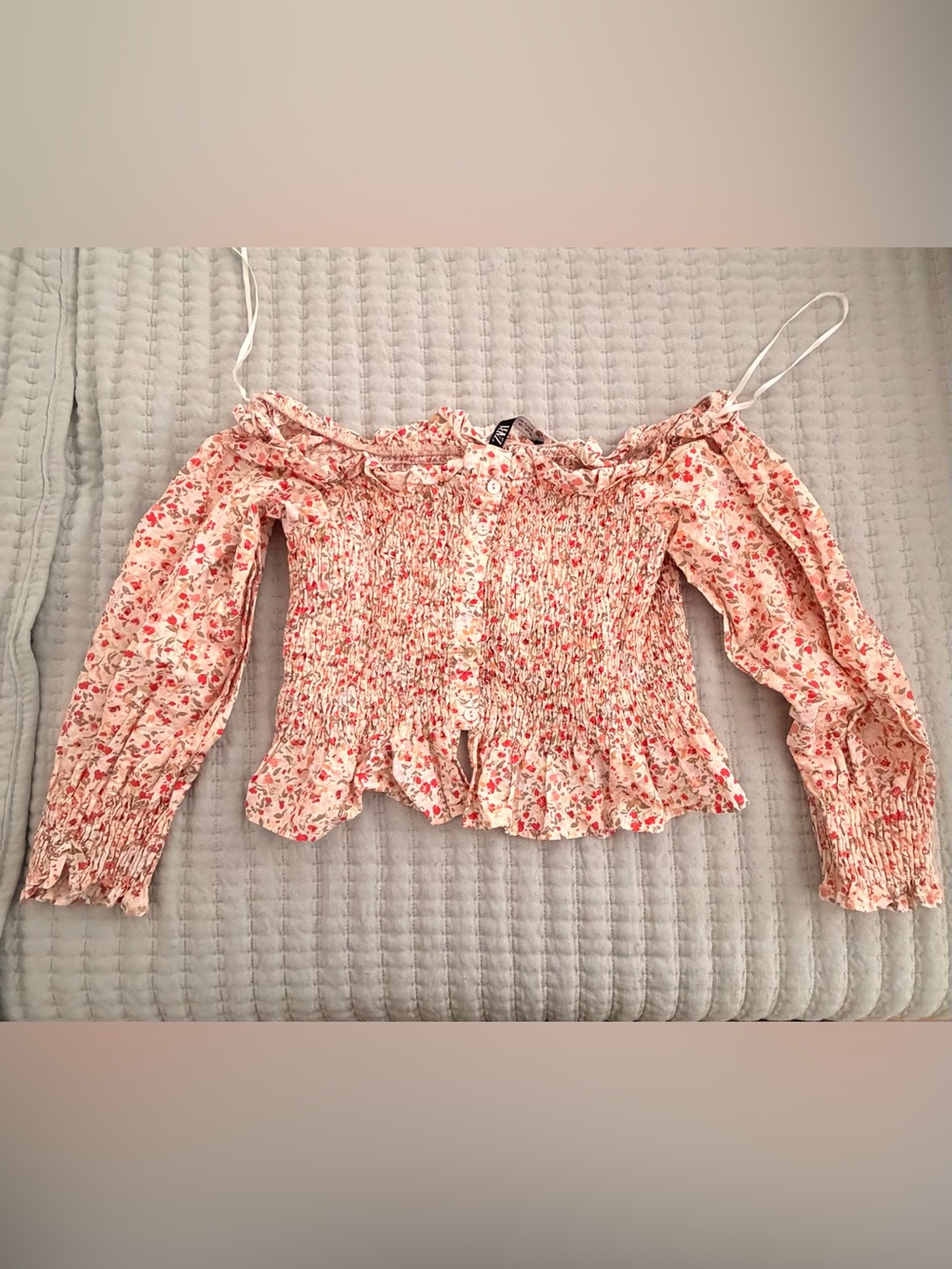 ZARA Cream Pink Floral Smocked Off-Shoulder Blouse
